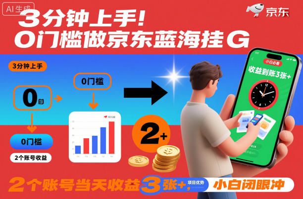3分钟上手！0门槛做京东蓝海全自动掘金，2个账号当天收益3张+，小白闭眼冲【揭秘】-情久项目网