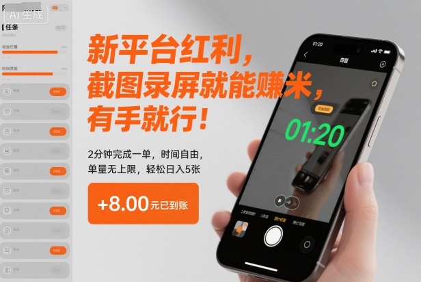 新平台红利，截图录屏就能賺米，有手就行！2分钟完成一单，时间自由，单量无上限，轻松日入5张【揭秘】-情久项目网