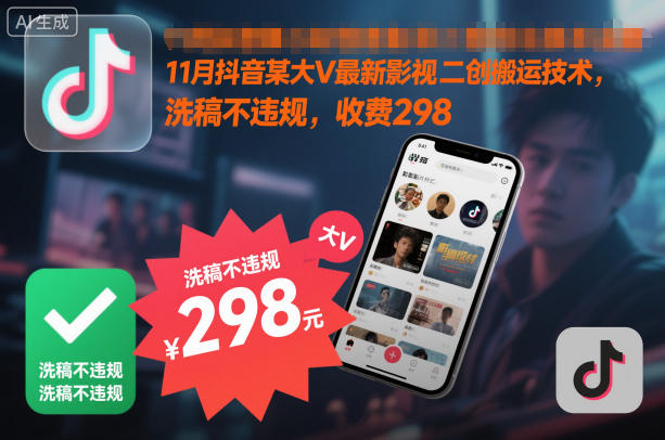 11月抖音某大V最新影视二创搬运技术，洗稿不违规，收费298-情久项目网