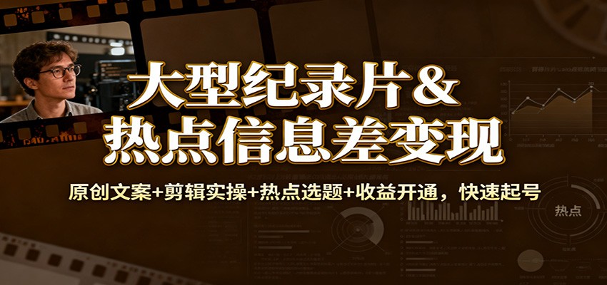 大型纪录片&热点信息差变现：原创文案+剪辑实操+热点选题+收益开通，快速起号-情久项目网