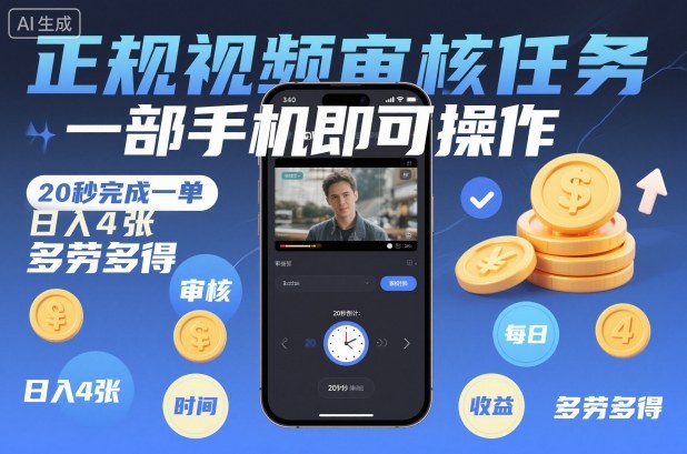 正规视频审核任务，一部手机即可操作，20秒完成一单，日入4张，多劳多得【揭秘】-情久项目网