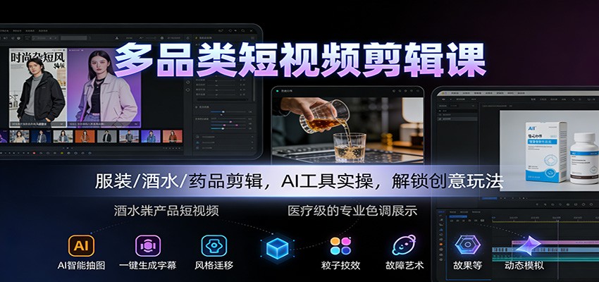 多品类短视频剪辑课：服装/酒水/药品剪辑，AI工具实操，解锁创意玩法-情久项目网