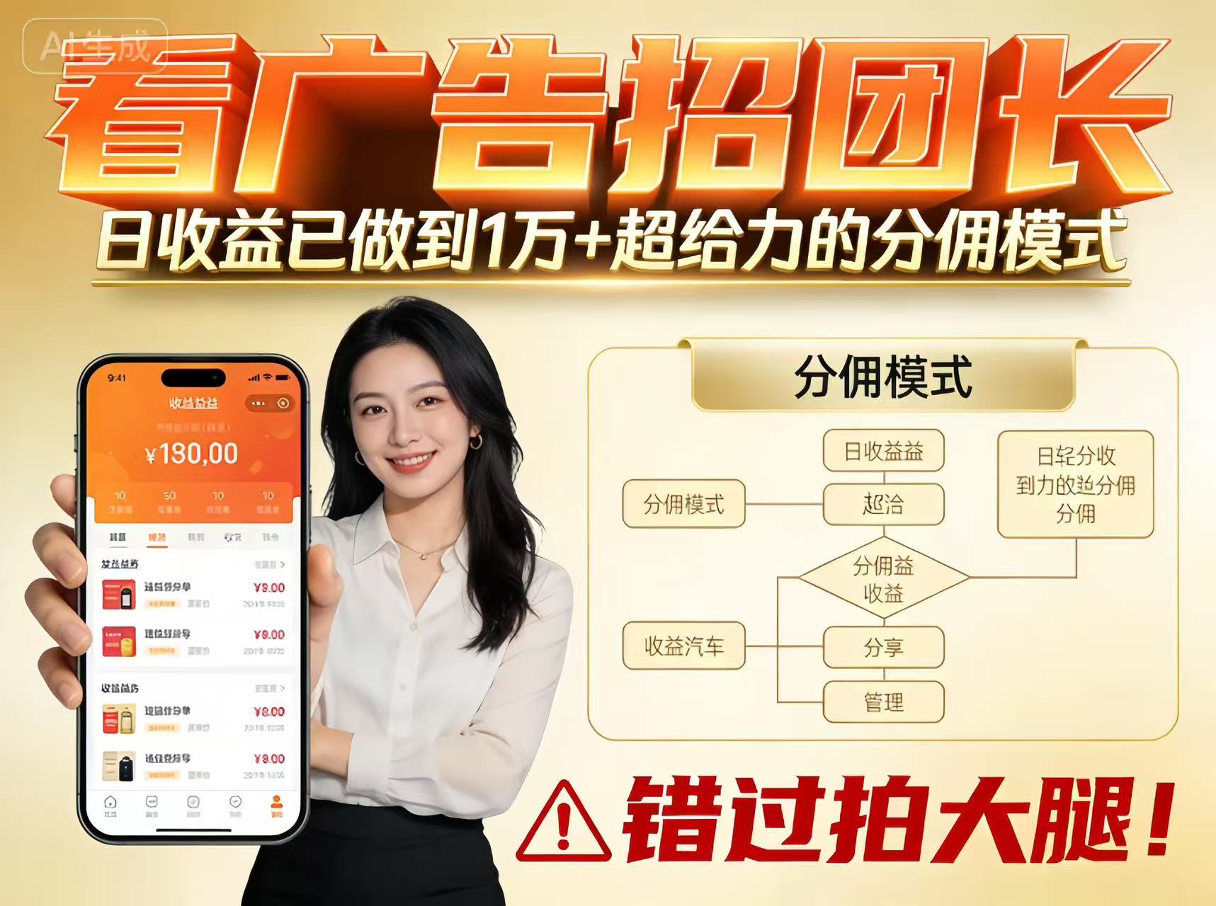看广告招团长，团队收益已做到日入1万，分佣模式超给力，错过拍大腿-情久项目网
