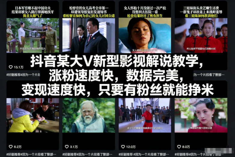 抖音某大V新型影视解说教学，涨粉速度快，数据完美，变现速度快，只要有粉丝就能挣米-情久项目网