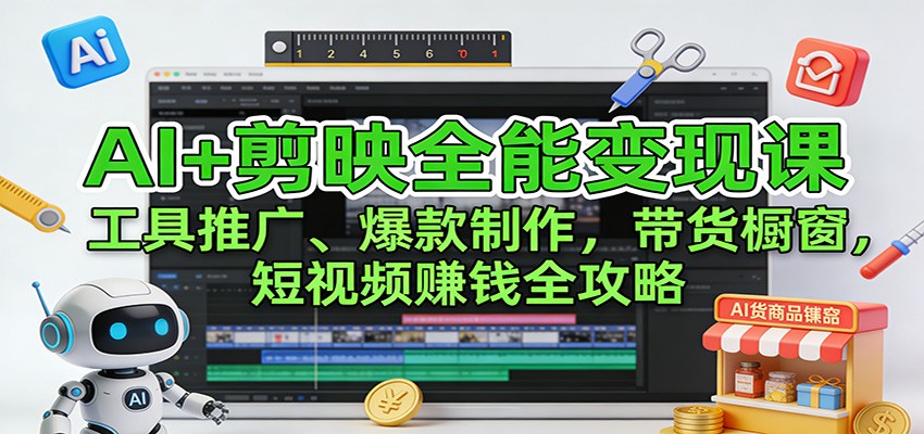 AI+剪映全能变现课：工具推广、爆款制作、带货橱窗，短视频赚钱全攻略-情久项目网