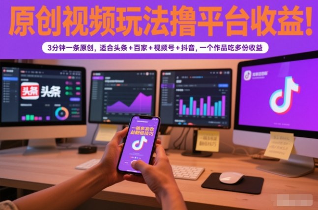原创视频玩法撸平台收益，3分钟一条原创，适合头条+百家+视频号+抖音，一个作品吃多份收益-情久项目网