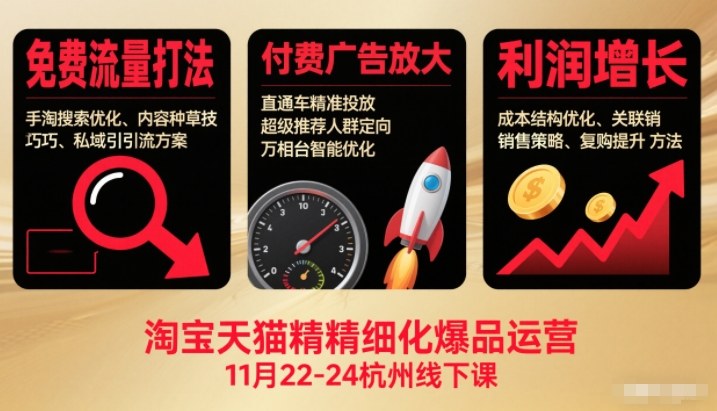 淘宝天猫精细化爆品运营11月22-24杭州线下课，免费流量打法+付费广告放大+利润增长(音频+文档)-情久项目网