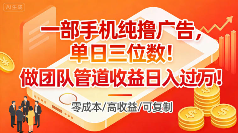 一部手机纯撸广告，单日三位数，做团队管道收益日入过1W-情久项目网