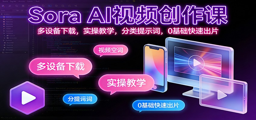 Sora AI视频创作课：多设备下载，实操教学，分类提示词，0基础快速出片-情久项目网