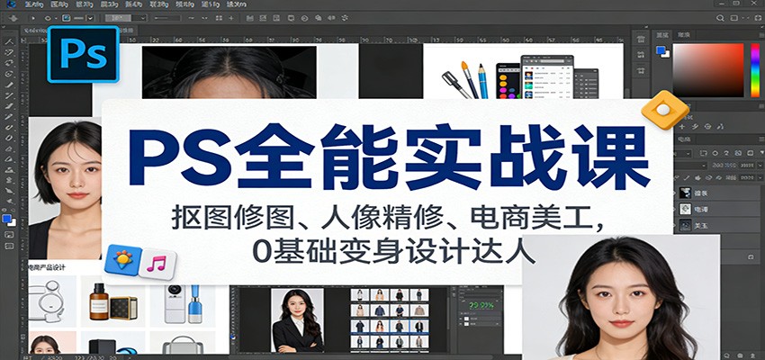 PS全能实战课：抠图修图、人像精修、电商美工，0基础变身设计达人-情久项目网