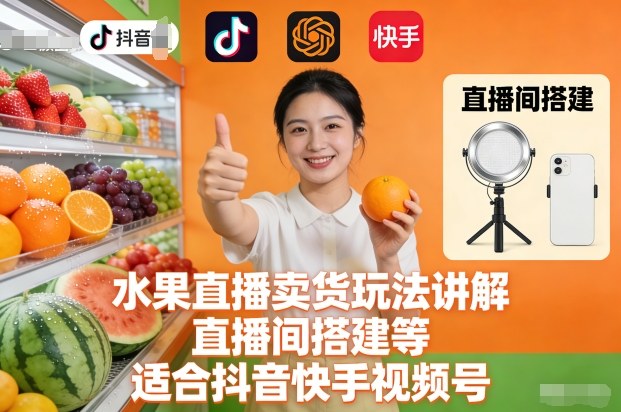 水果直播卖货玩法讲解、直播间搭建等，适合抖音快手视频号-情久项目网