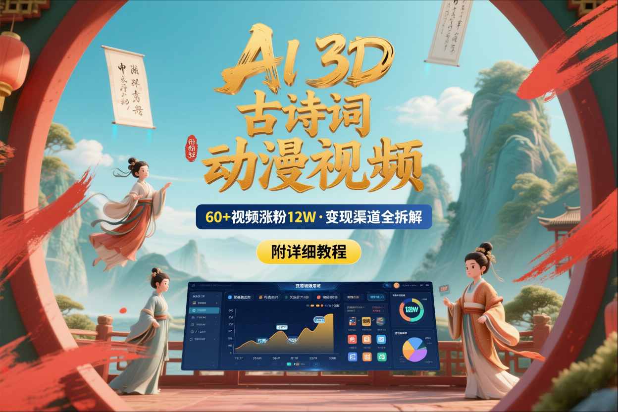 AI制作3D古诗词动漫视频，60多个视频涨粉12W，多个变现渠道拆解【附详细教程】-情久项目网