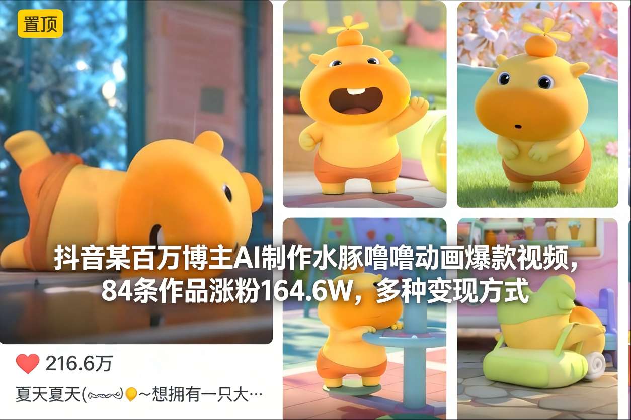 抖音某百万博主AI制作水豚噜噜动画爆款视频，84条作品涨粉164.6W，多种变现方式-情久项目网