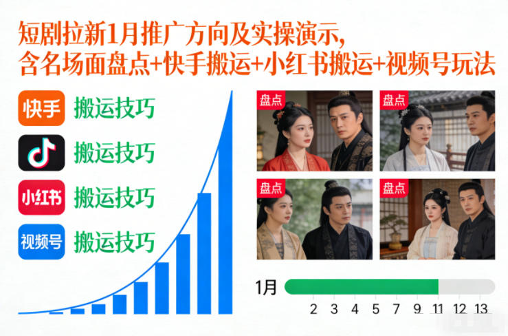 短剧拉新1月推广方向及实操演示，含名场面盘点+快手搬运+小红书搬运+视频号玩法-情久项目网