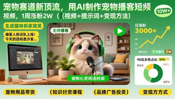 宠物赛道新顶流，用AI制作宠物播客短视频，1周涨粉2W(视频+提示词+变现方法)-情久项目网