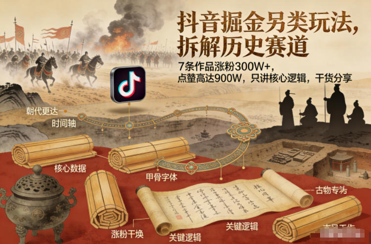 抖音掘金另类玩法，拆解历史赛道，7条作品涨粉300W+，点赞量高达900W，只讲核心逻辑，干货分享-情久项目网