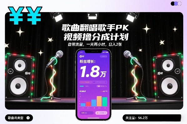 歌曲翻唱歌手PK视频撸分成计划，自带流量，一天两小时，日入2张-情久项目网