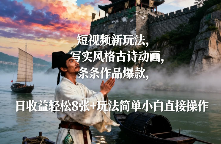 短视频新玩法，写实风格古诗动画，条条作品爆款，日收益轻松8张+玩法简单小白直接操作-情久项目网