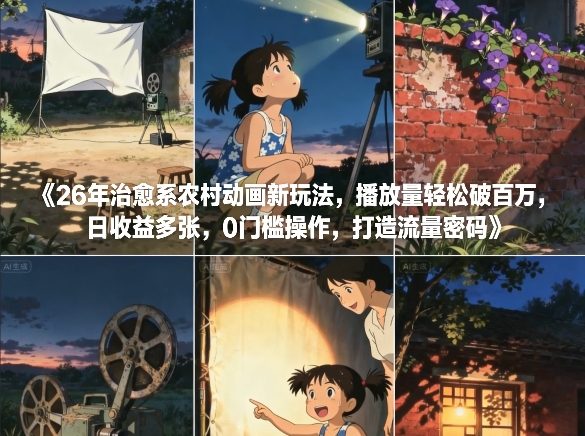 26年治愈系农村动画新玩法，播放量轻松破百万，日收益多张，0门槛操作，打造流量密码-情久项目网