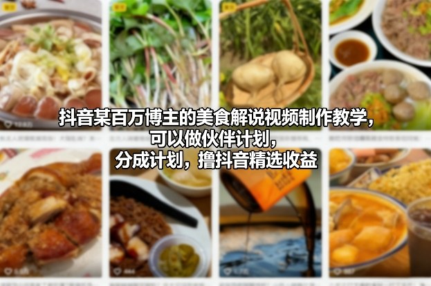 抖音某百万博主的美食解说视频制作教学，可以做伙伴计划，分成计划，撸抖音精选收益(更新)-情久项目网