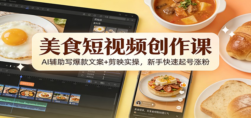 美食短视频创作课：AI辅助写爆款文案+剪映实操，新手快速起号涨粉-情久项目网