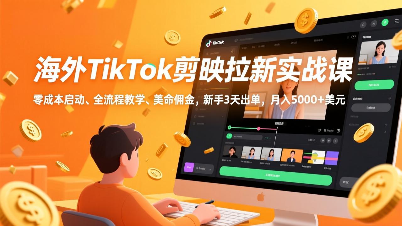海外TikTok剪映拉新实战课，零成本启动、全流程教学、美金佣金，新手3天出单，月入5000+美元-情久项目网