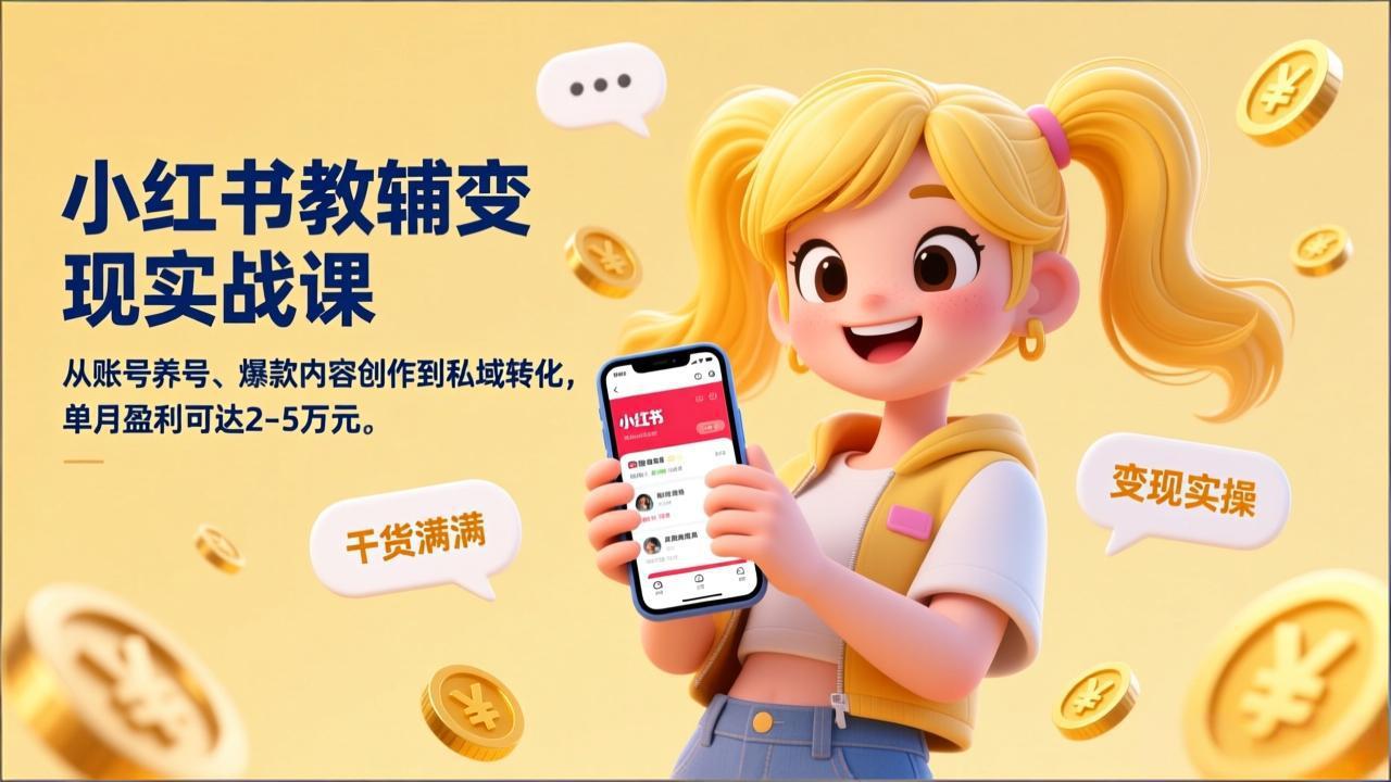 小红书教辅变现实战课，从账号养号、爆款内容创作到私域转化，单月盈利可达2-5万元-情久项目网