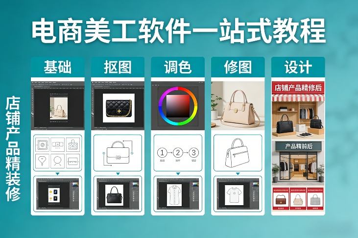 电商美工软件一站式教程，基础/抠图/调色/修图/设计，店铺产品精装修-情久项目网