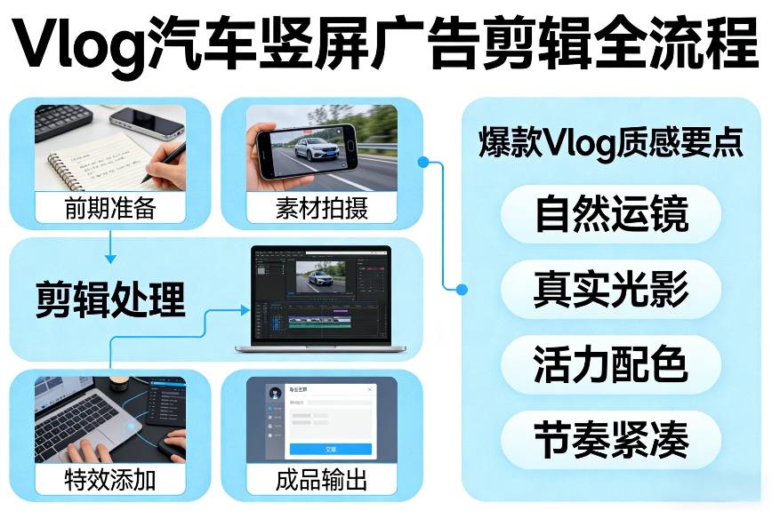 Vlog感觉汽车竖屏广告剪辑脚本全流程，拿捏爆款Vlog质感-情久项目网