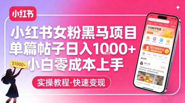 小红书女粉黑马项目，单篇帖子日入1k+，小白零成本上手-情久项目网