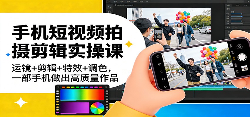 手机短视频拍摄剪辑实操课：运镜+剪辑+特效+调色，一部手机做出高质量作品-情久项目网