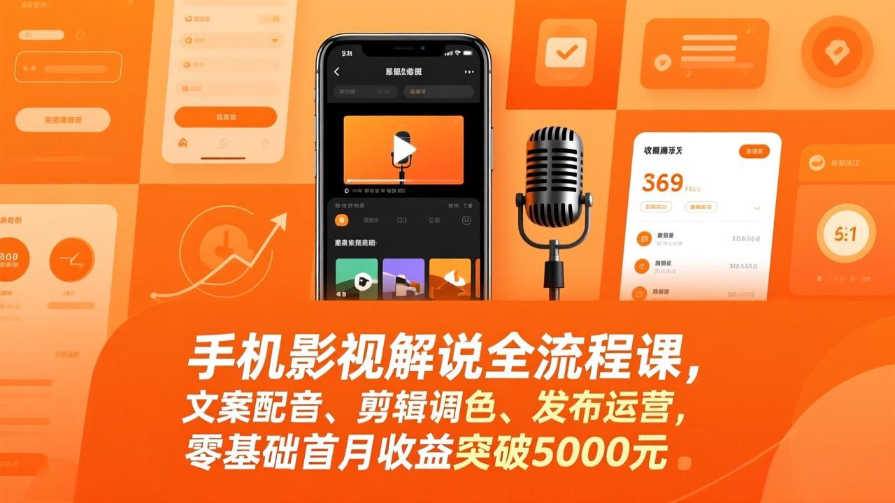 手机影视解说全流程课，文案配音、剪辑调色、发布运营，零基础首月收益突破5000元-情久项目网
