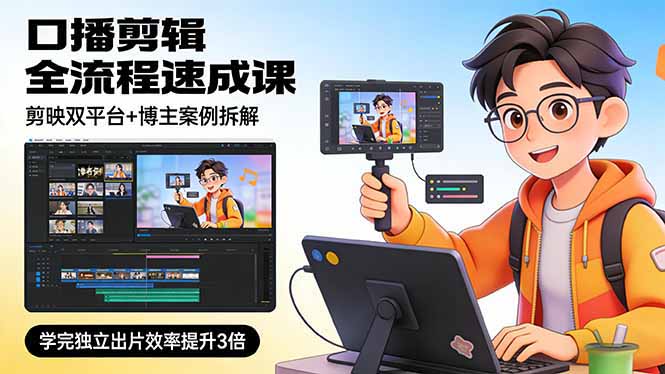口播剪辑全流程速成课，剪映双平台+博主案例拆解，学完独立出片效率提升3倍-情久项目网