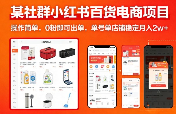 某社群小红书百货电商项目，操作简单，0粉即可出单，单号单店铺稳定月入2w+-情久项目网