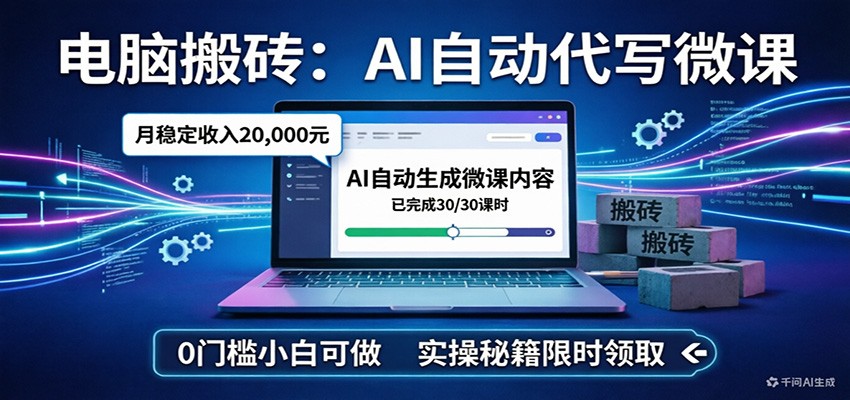 电脑搬砖AI自动代写微课，月稳定2W，0门槛小白可做，实操秘籍-情久项目网