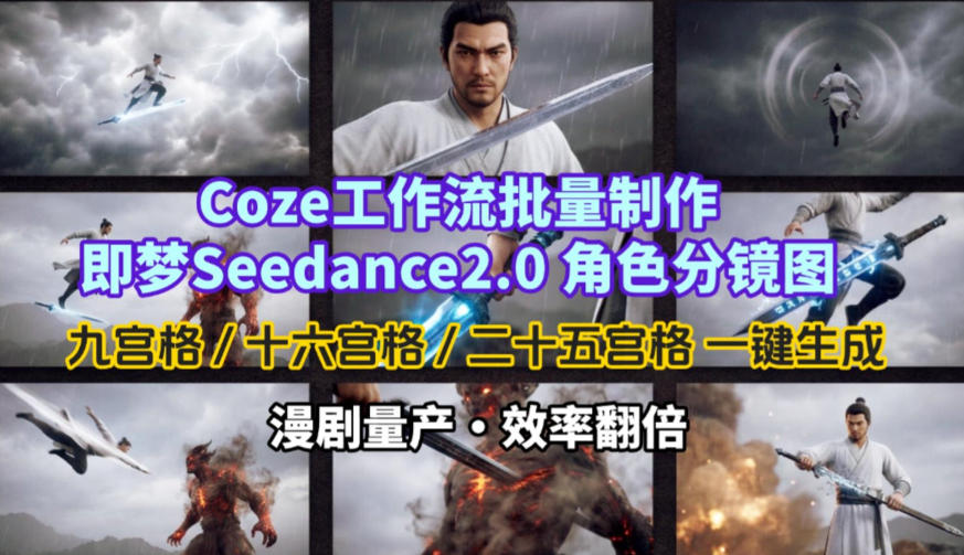 Coze工作流批量制作即梦Seedance2.0角色分镜图，九宫格-十六宫格-二十五宫格一键生成，漫剧量产，效率翻倍-情久项目网