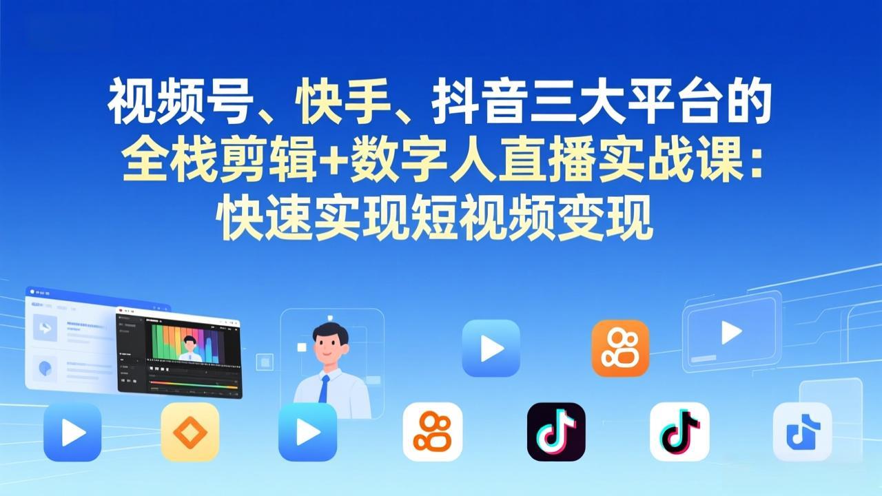视频号+快手+抖音三大平台的全栈剪辑+数字人直播实战课-3月更新：快速实现短视频变现-情久项目网