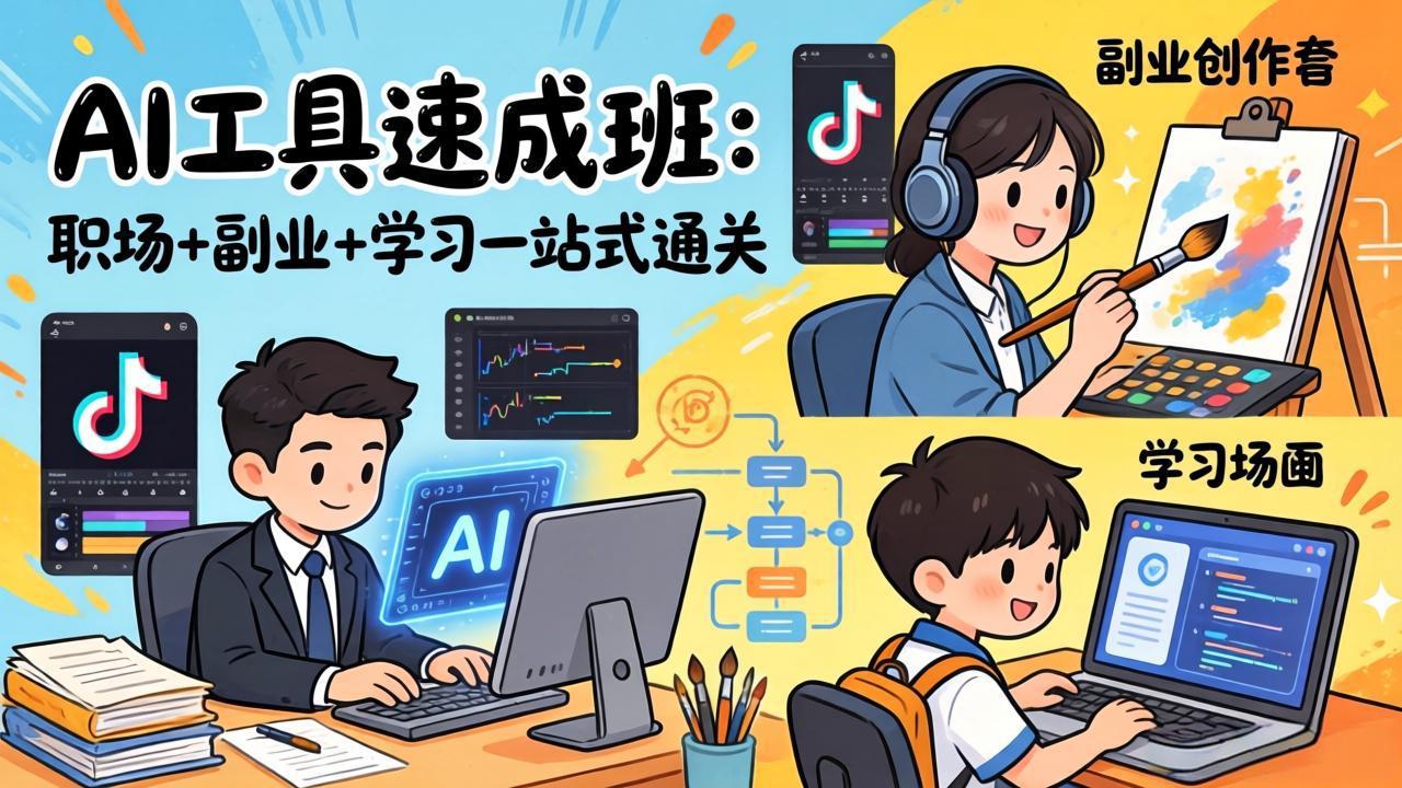 AI工具速成班：职场+副业+学习一站式通关，20+爆款类型+剪映技巧+抖音算法，0基础快速上手-情久项目网
