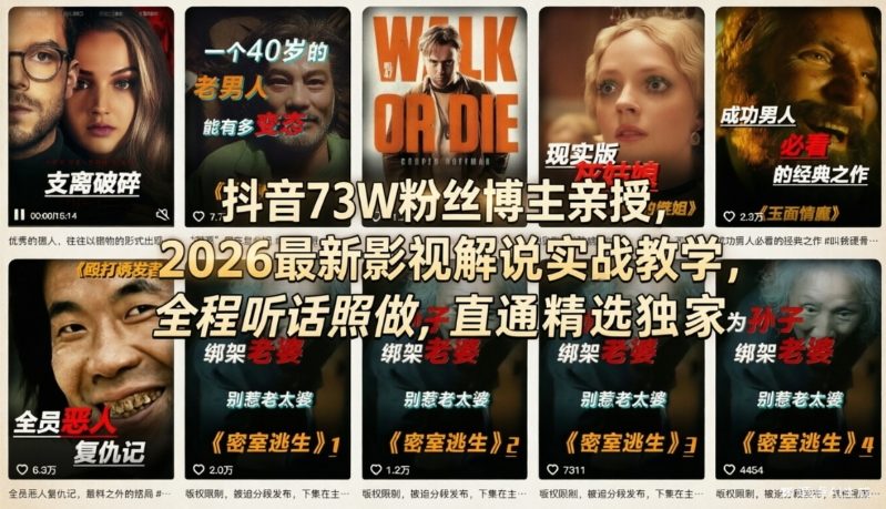 抖音73W粉丝博主亲授，2026最新影视解说实战教学，全程听话照做，直通精选独家-情久项目网