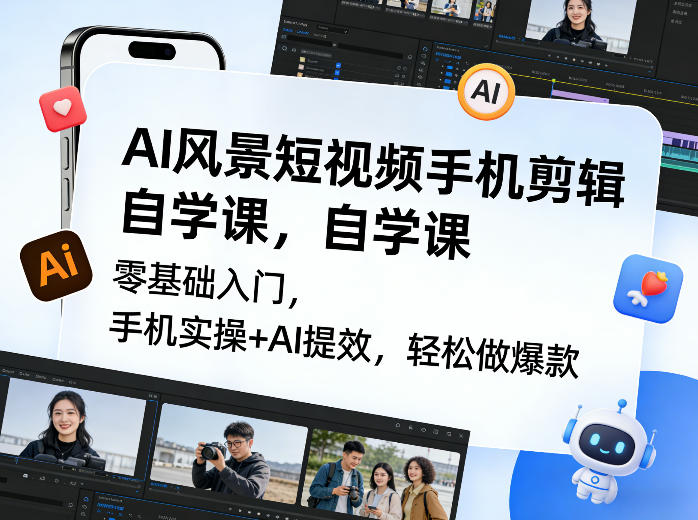 AI风景短视频手机剪辑自学课，零基础入门，手机实操+AI提效，轻松做爆款-情久项目网