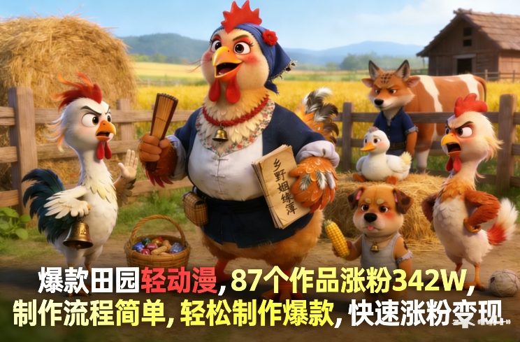 爆款田园轻动漫，87个作品涨粉342W，制作流程简单，轻松制作爆款，快速涨粉变现-情久项目网