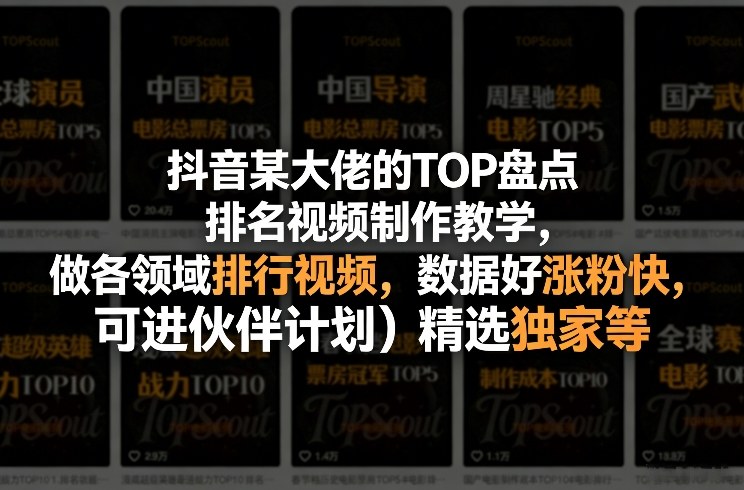 抖音某大佬的TOP盘点排名视频制作，做各领域排行视频，数据好涨粉快，可进伙伴计划＋精选独家等-情久项目网