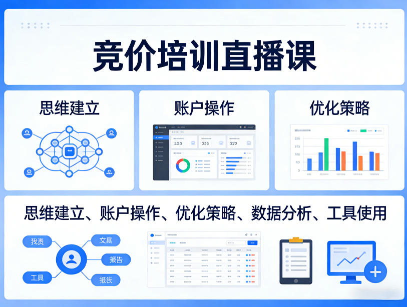 竞价培训直播课，覆盖思维建立、账户操作、优化策略、数据分析、工具使用等，全方位提升效果-情久项目网