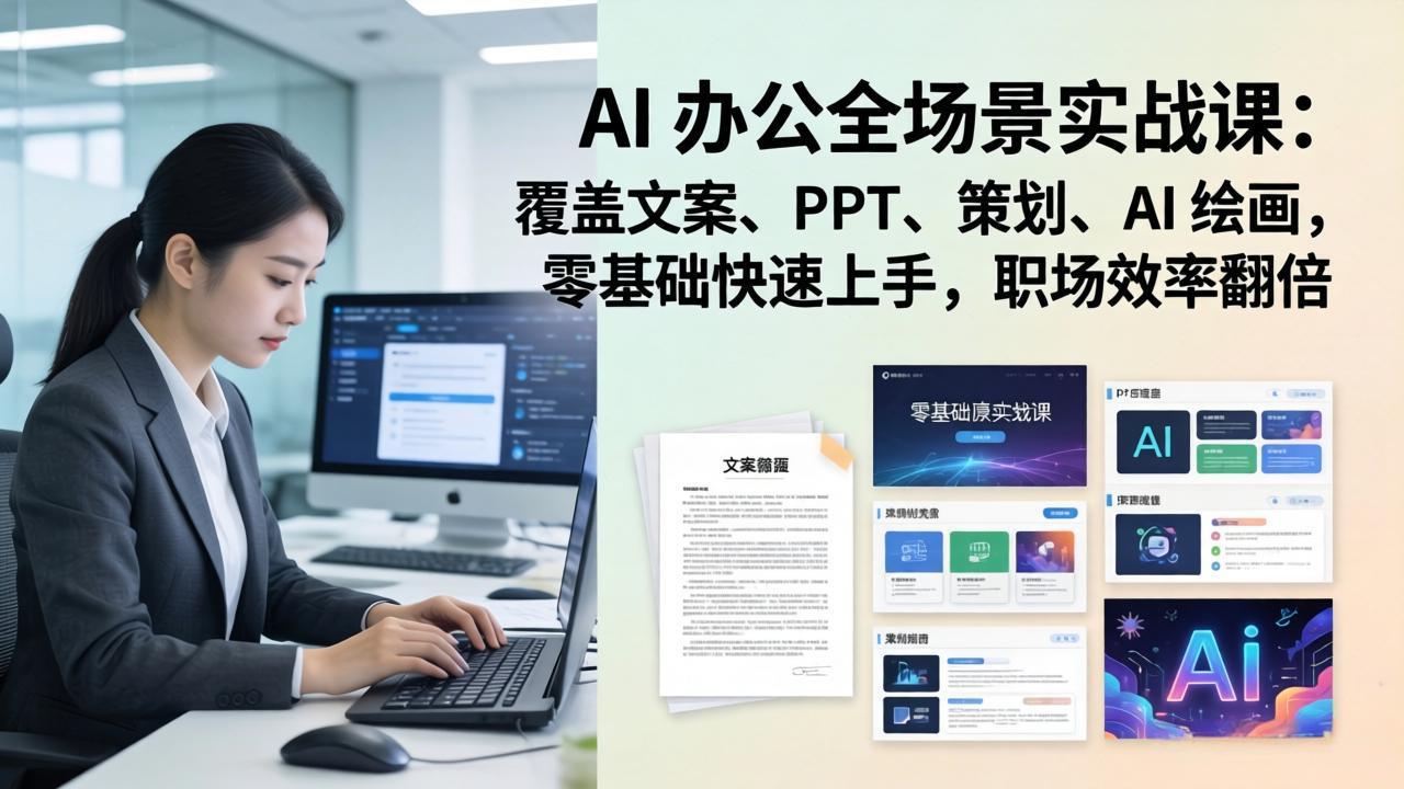 AI 办公全场景实战课：覆盖文案、PPT、策划、AI 绘画，零基础快速上手，职场效率翻倍-情久项目网