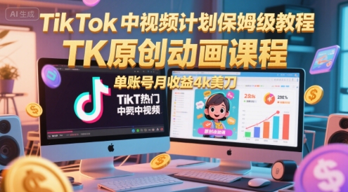 TikTok中视频计划保姆级教程，TK原创动画课程，单账号月收益4k美刀-情久项目网