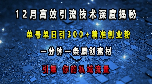 最新高效引流技术深度揭秘 ，单号单日引300+精准创业粉，一分钟一条原创素材，引爆你的私域流量-情久项目网