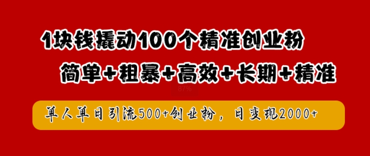 1块钱撬动100个精准创业粉，简单粗暴高效长期精准，单人单日引流500+创业粉，日变现2k【揭秘】-情久项目网