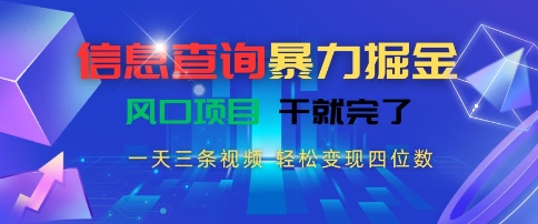 信息查询暴力掘金，一天三条视频，轻松变现四位数，风口项目干就完了【揭秘】-情久项目网