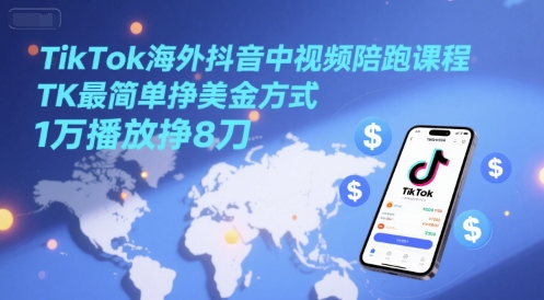 TikTok海外抖音中视频陪跑课程，TK最简单挣美金方式，1万播放挣8刀-情久项目网