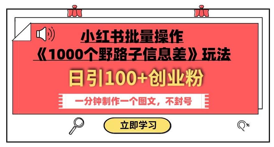 小红书批量操作《1000个野路子信息差》玩法，一分钟制作一个图文，不封号，日引100+创业粉-情久项目网